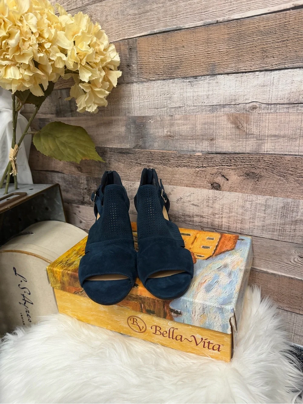 Bella Vita Navy Suede Cutout Ankle Booties